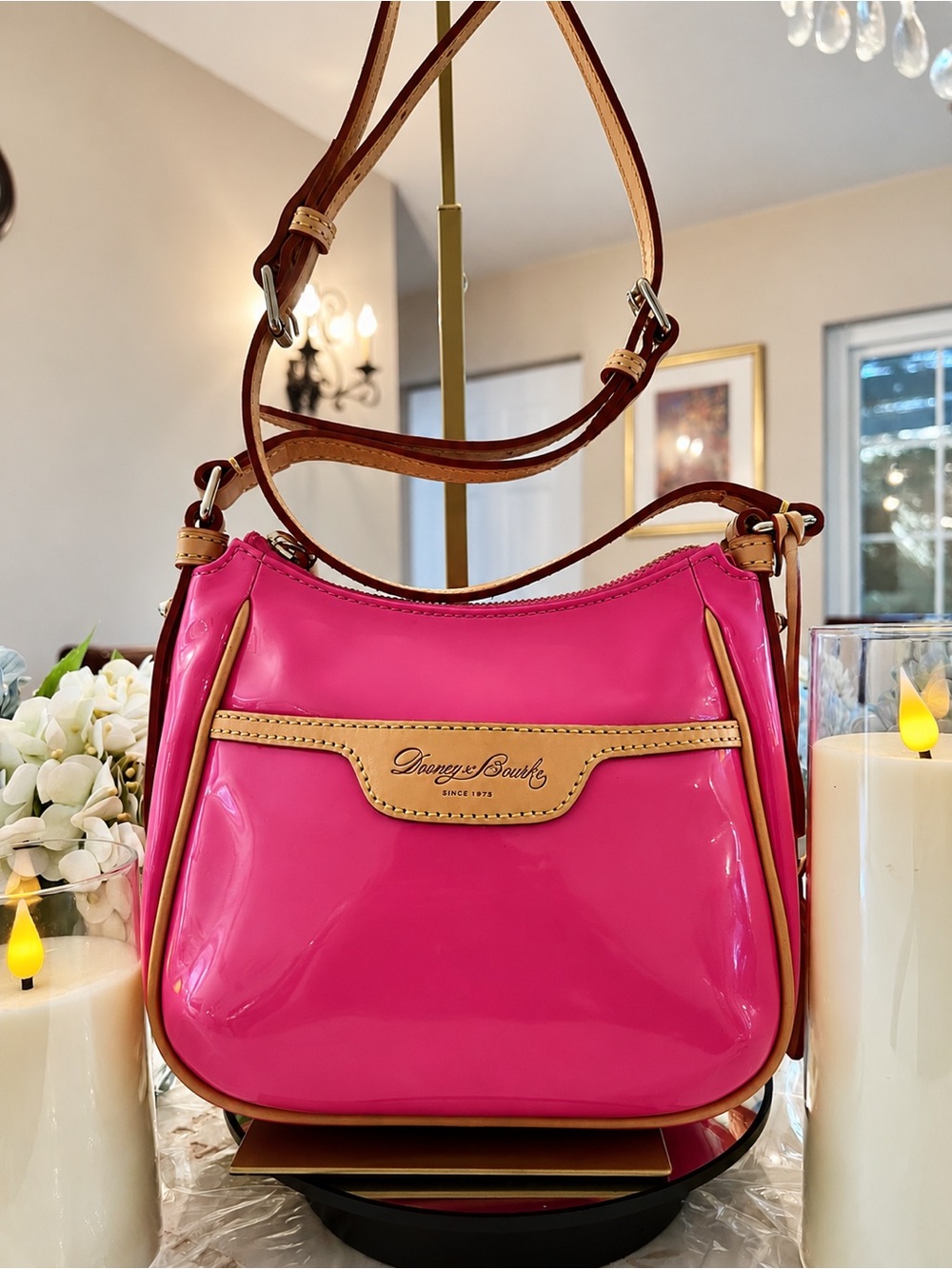 Dooney & Bourke Pink Patent Crossbody Tan Leather Trim Like New
